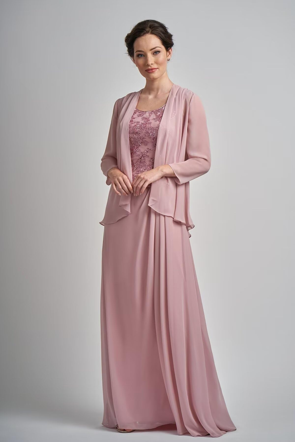 2-Piece Lace Applique Mother of The Bride Dress Set with Jacket - Elegant Chiffon Formal Gown for Women - Perfect for Weddings, Receptions & Special Occasions