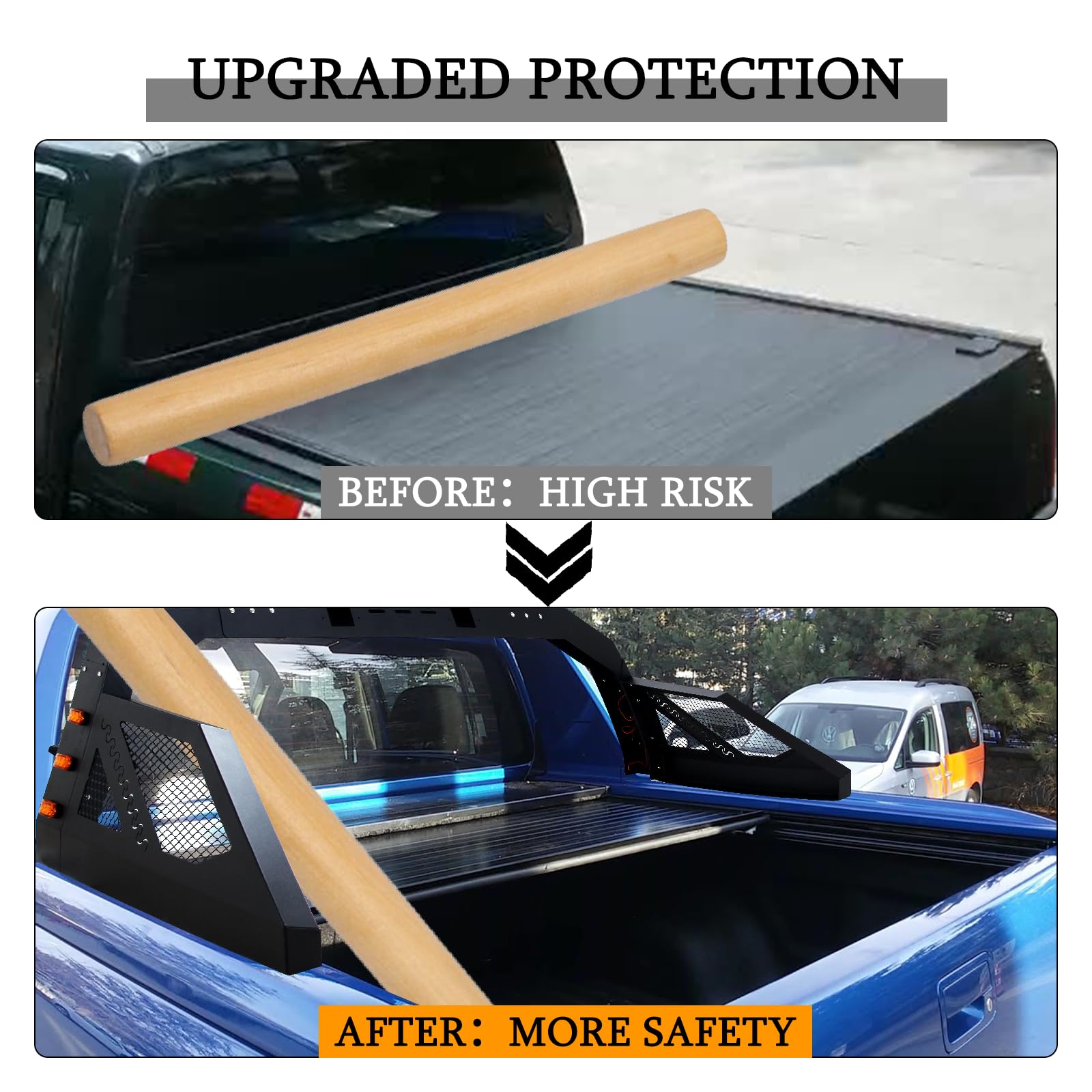 Universal Adjustable Truck Bed Chase Rack Roll Bar with 6 Amber LED Side Marker Lights - Heavy Duty Pickup Truck Accessory for Off-Road Safety & Utility - Perfect for Work Sites, Camping & Outdoor Adventures