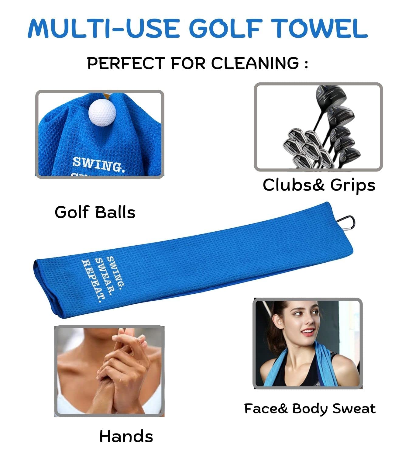 Funny Golf Towel - Swing Swear Repeat Embroidered Golf Accessories with Clip for Men | Golf Bag Towel | Perfect Golf Gifts for Dad, Husband & Golfers | Great for Courses, Tournaments & Practice