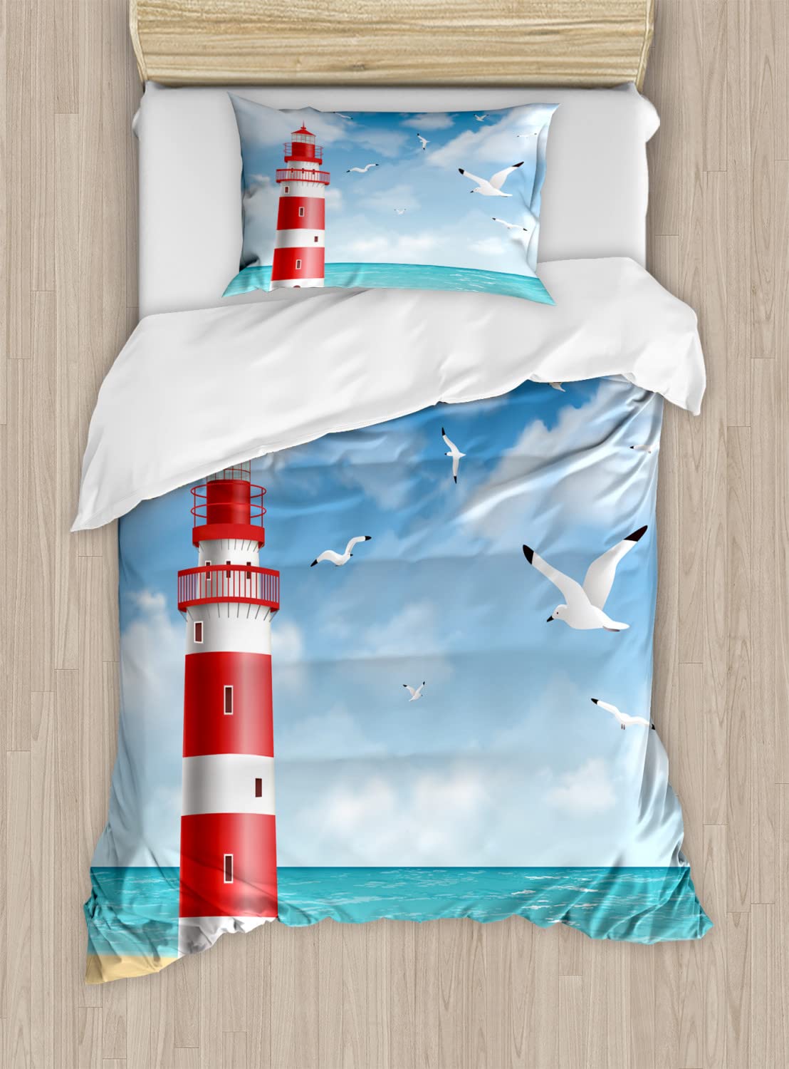 **Ambesonne Beach Duvet Cover Set - Realistic Lighthouse & Seagulls Ocean Scenery, 2-Pack Cal King Size (Vermilion Blue) - Coastal Bedroom Decor for Beach House & Vacation Homes**    (Note: The original title was already in English, so no translation was needed. I optimized it for SEO by making it more concise, adding relevant keywords, and including a use case for better search visibility.)