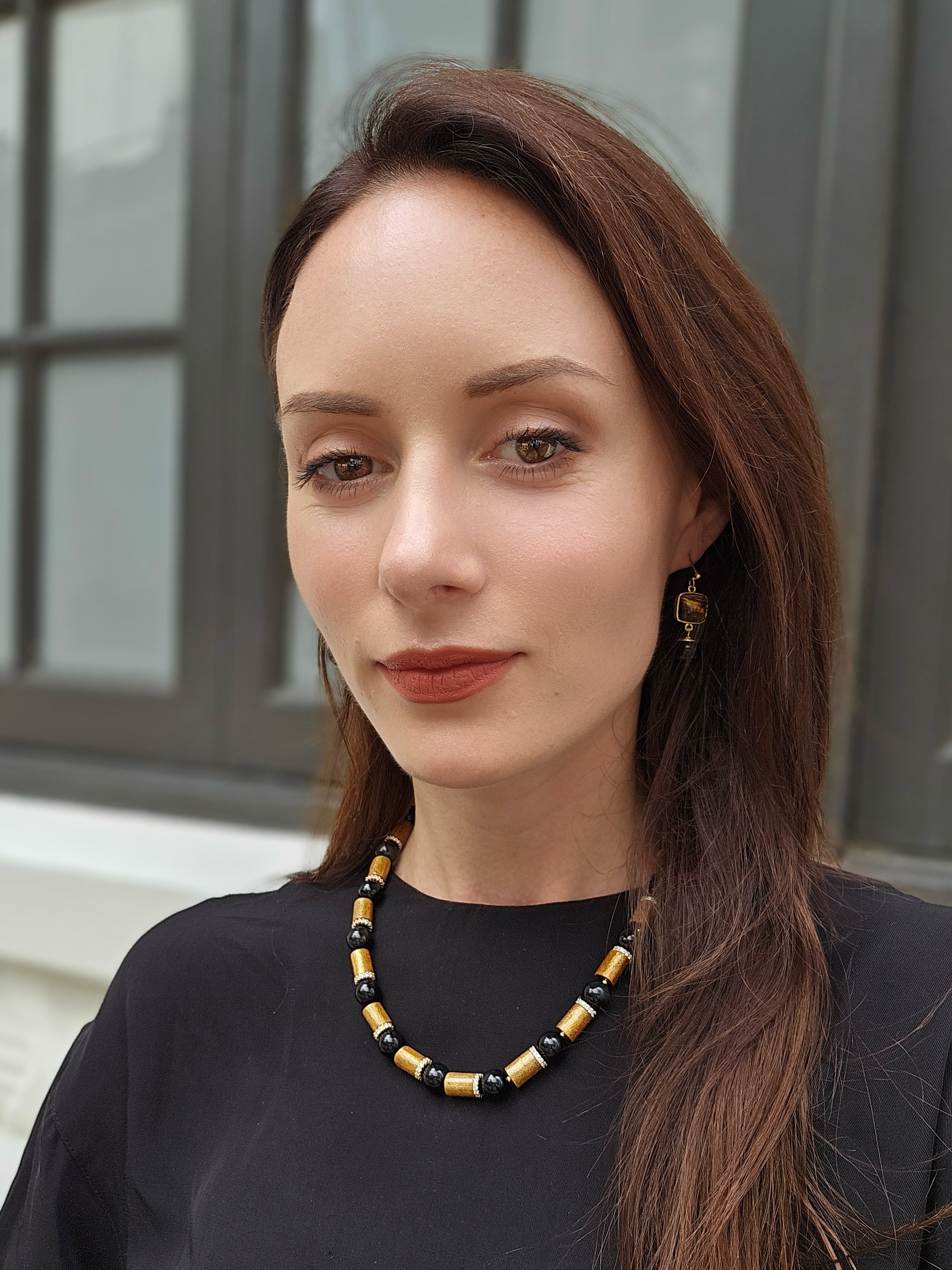 Golden Coral and Black Obsidian Necklace - Classic Elegant Jewelry for Women, Gift for Her - Perfect for Parties, Weddings, and Special Occasions