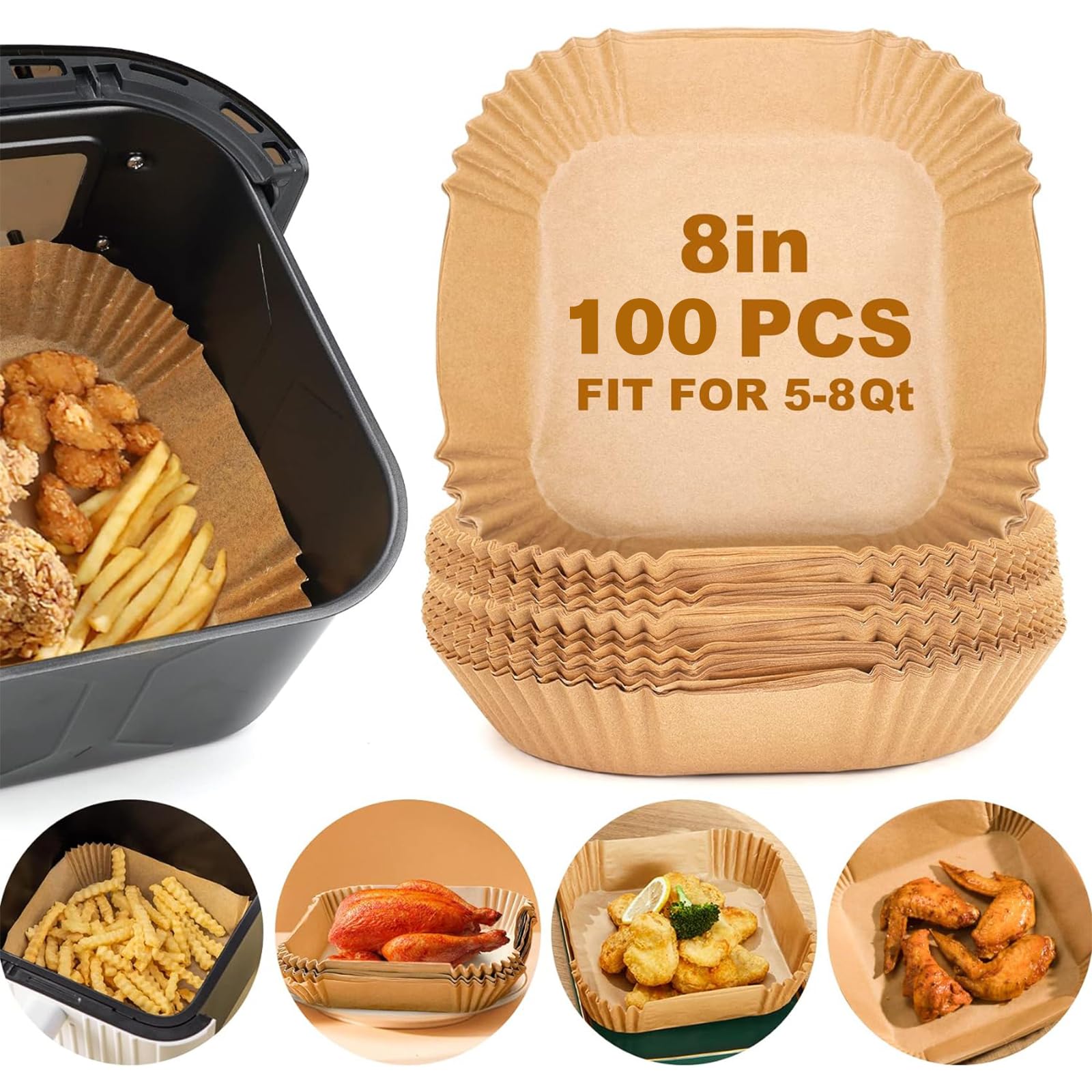 100PCS 8 Inch Square Air Fryer Paper Liners - Non-Stick & Oil-Proof Parchment Sheets for 5-8 QT Air Fryers, Microwave Safe Disposable Liners - Perfect for Healthy Cooking, Reheating & Baking