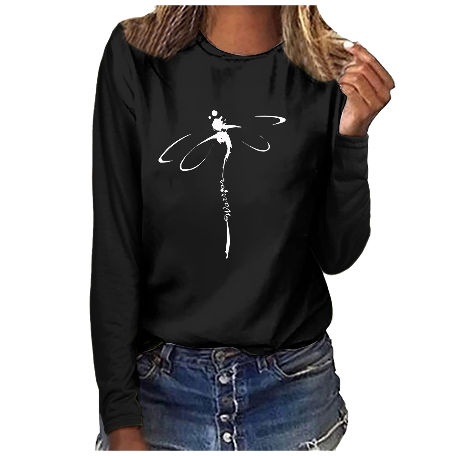 Women's Long & Short Sleeve Dragonfly Print T-Shirts - Basic Round Neck Pullover Blouse for Fall - Casual Shirts for Everyday Wear, Work & Outings