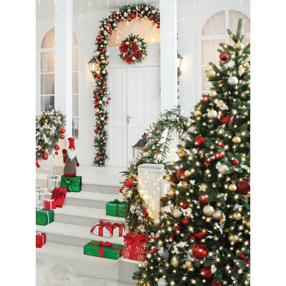 Christmas Porch Printed Backdrop - Holiday Decor for Outdoor Entryway, Festive Party Photo Background - Perfect for Seasonal Celebrations & Family Gatherings