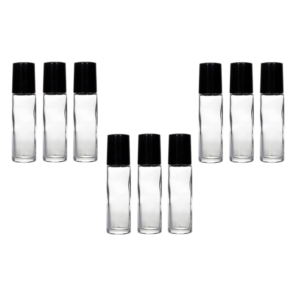 Dethra 10ML Empty Glass Roll On Bottles with Roller Ball & Black Cap - Refillable Essential Oil Bottles for Perfume, Lip Serum, Eyebrow Growth Serum - Pack of 9 - Perfect for DIY Beauty, Travel & Gifts