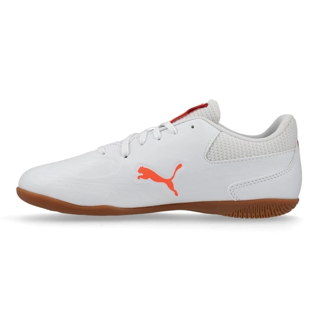 Puma Truco III Junior Indoor Soccer Shoes for Kids - White/Glowing Red/Dark Crimson | Lightweight Football Cleats for Indoor Training & Games