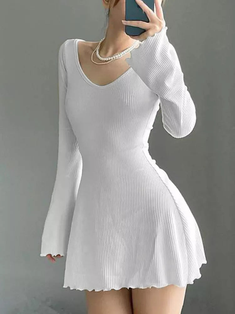 Elegant Backless Long Sleeve Mini Dress for Women - Korean Fashion Solid Bodycon Dress for Autumn - Perfect for Date Night, Party & Office Wear