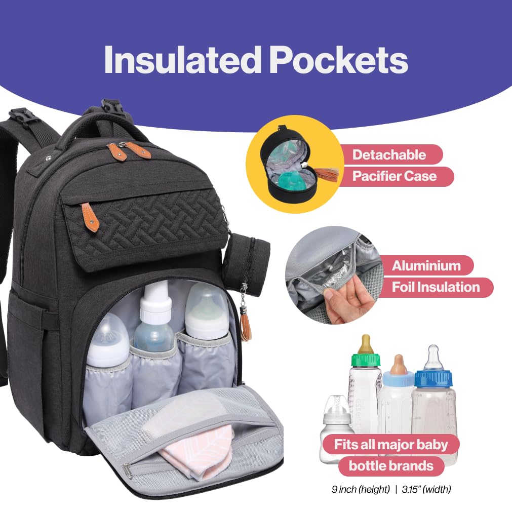 BabbleRoo Waterproof Diaper Bag Backpack for Travel - Multifunctional Baby Carrier with Changing Pad, Pacifier Case & Stroller Straps - Unisex Black Backpack for Parents, Daycare & Family Outings
