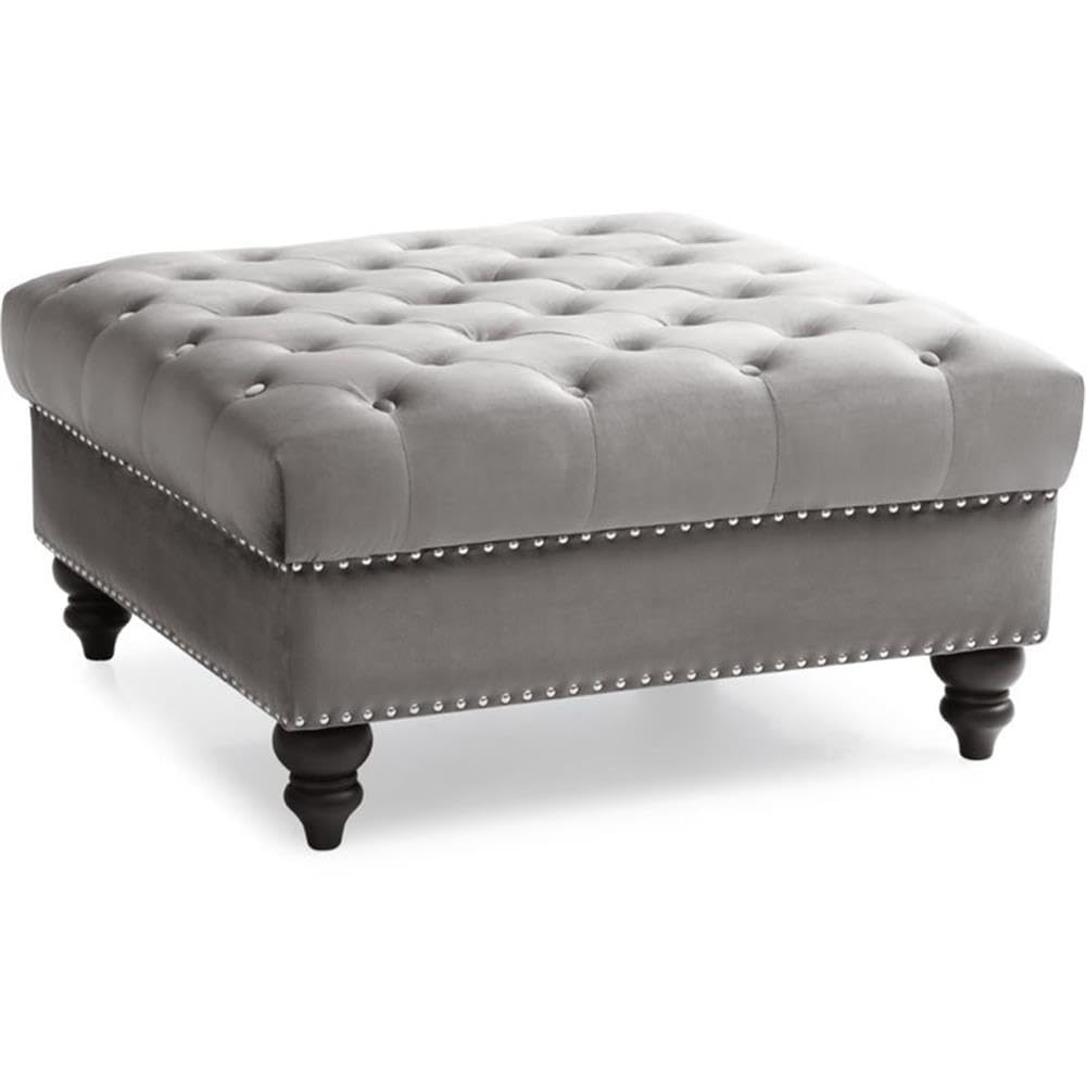 Nola Velvet Ottoman in Dark Gray - Modern Footrest & Storage Bench for Living Room, Bedroom & Lounge | Glory Furniture