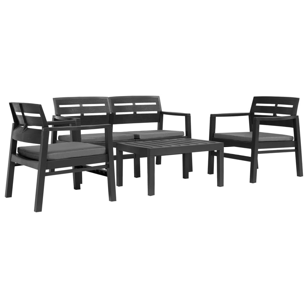 4-Piece Patio Lounge Set with Coffee Table, Bench & 2 Armchairs - Durable Plastic Outdoor Furniture for Backyard, Garden, Poolside & Deck - Anthracite Gray (Model 1449)