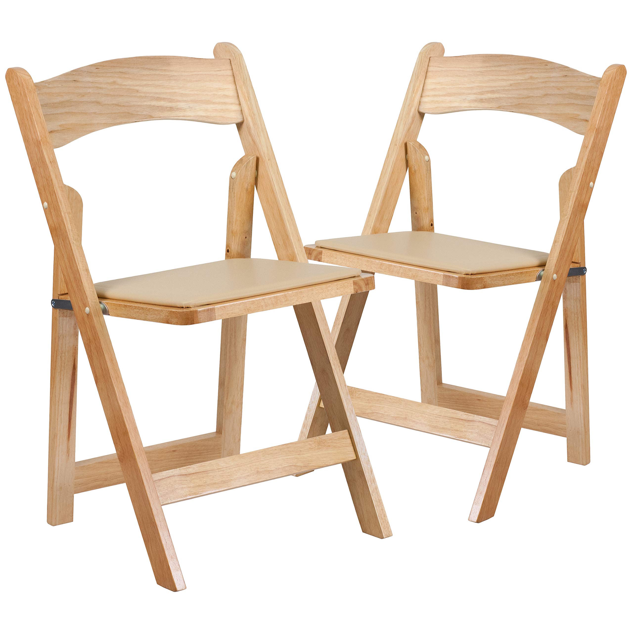 2 Pack Natural Wood Folding Chairs with Vinyl Padded Seat - Portable & Comfortable for Outdoor, Indoor, Camping, Picnics, Parties & Events