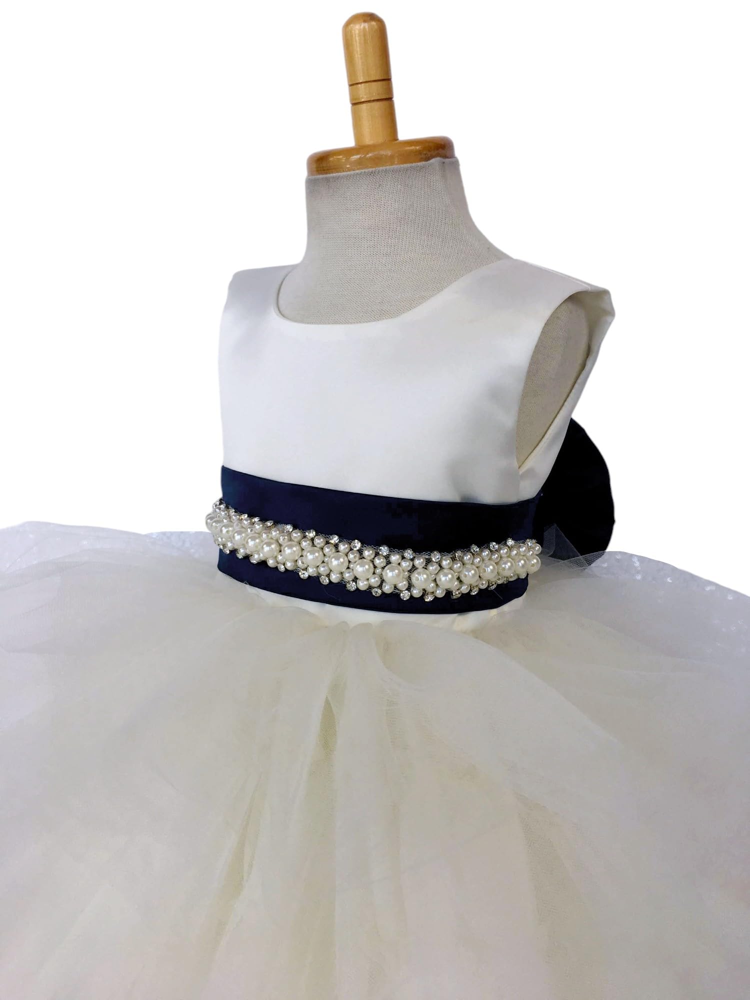 Ivory Sleeveless High-Low Tulle Flower Girl Dress with Ruffle Trim - Perfect for Weddings, Birthday Parties & Special Occasions (Size 16, Includes Navy Blue Accessories)