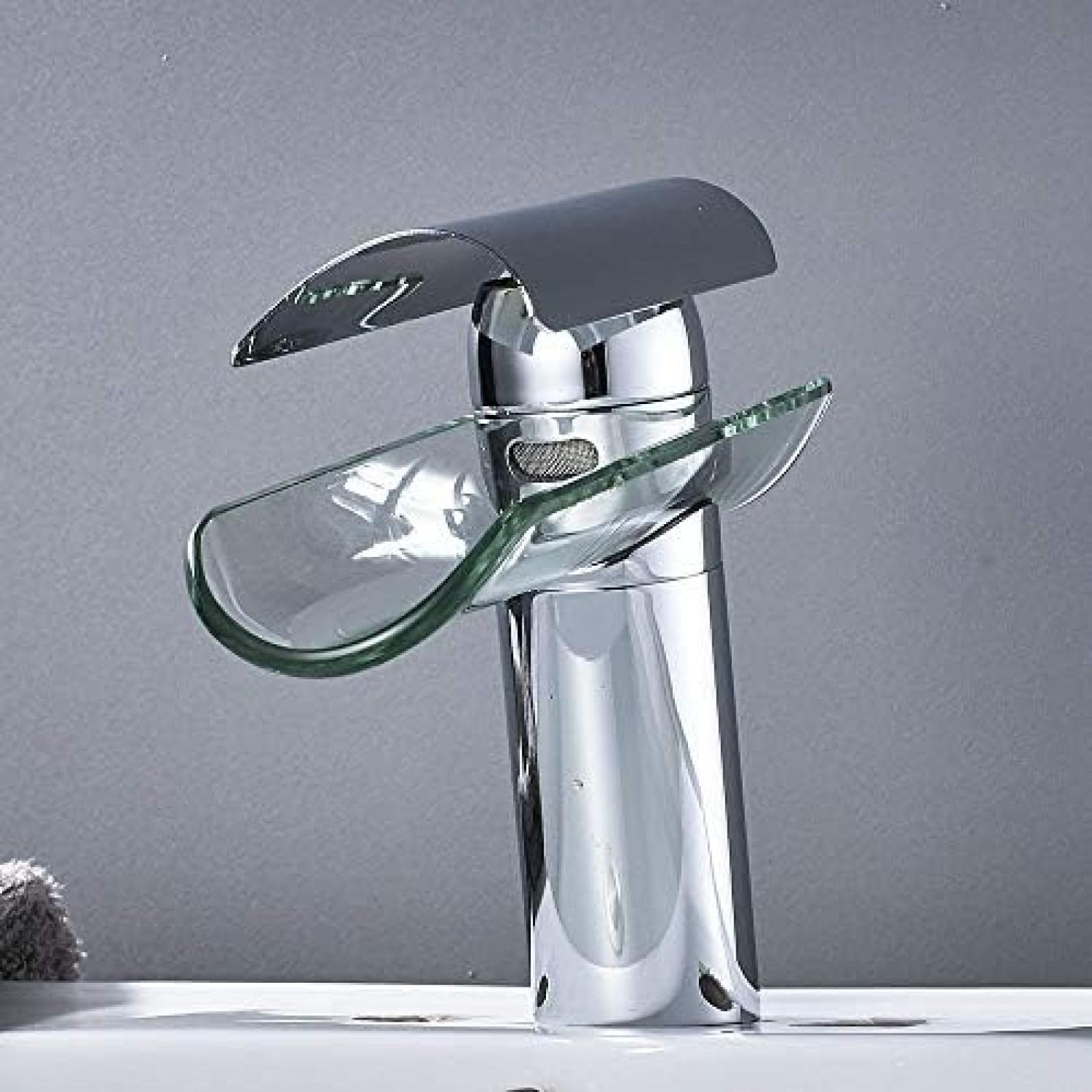 CRJUS Brass Waterfall Bathroom Faucet - Modern Glass Basin Sink Mixer Tap with Hot/Cold Water - Perfect for Vanity, Powder Room & Luxury Bathroom Renovation