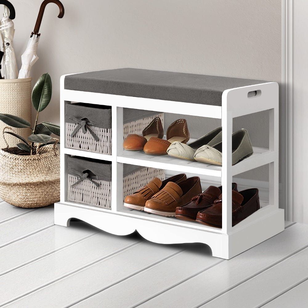 Artiss Wooden Shoe Cabinet Bench with 2 Drawers - Entryway Storage Organizer & Shoe Rack Stool for Hallway, Bedroom, or Mudroom Organization