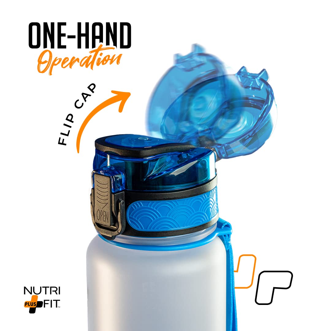 Nutrifit Blue 32oz Motivational Water Bottle with Time Marker - BPA Free Leak Proof Sports Water Bottle for Gym, Workout & Office Hydration - Perfect Fitness Gift for Men & Women