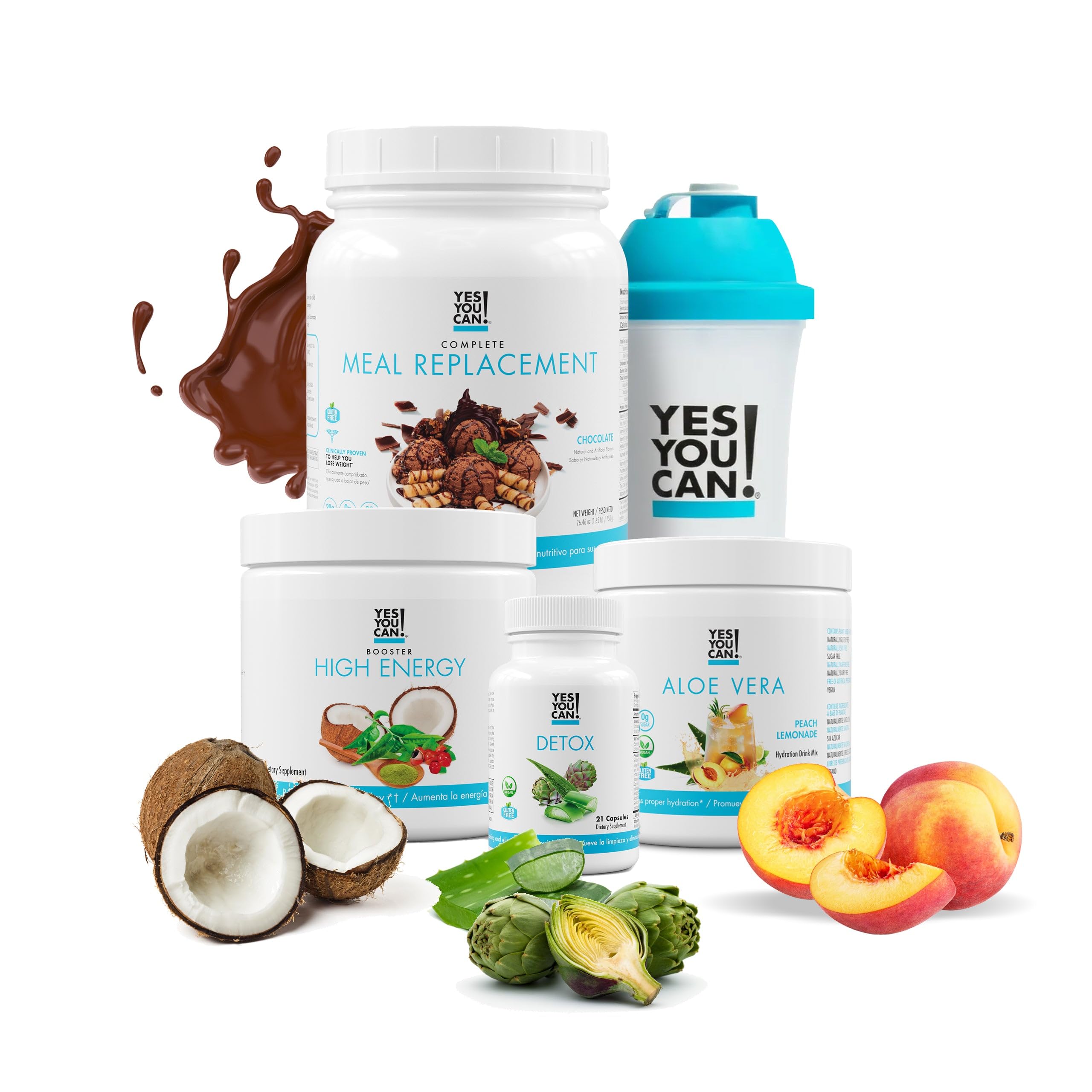 Yes You Can! Detox Plus Kit - Chocolate Meal Replacement Powder & Aloe Vera Peach Lemonade Shake Booster | High Energy Detox Supplement for Weight Loss & Wellness | Perfect for Busy Lifestyles, Post-Workout Recovery & Healthy Meal Replacement