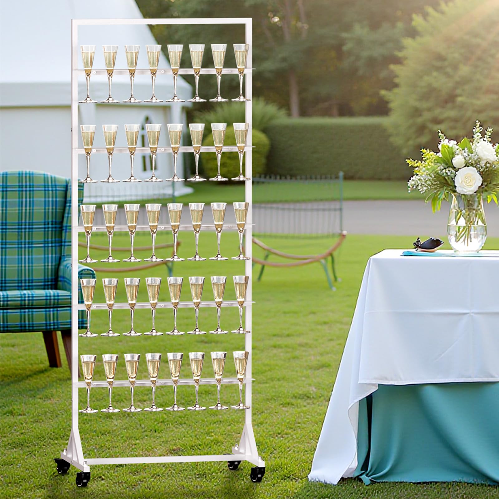 5-Tier Metal Champagne Wall Holder for Party - Holds 40 Glasses with Swivel Casters | Wedding, Birthday & Event Champagne Flute Display Stand (White, Glasses Not Included) - Perfect for Wedding Receptions, Bridal Showers & Cocktail Parties