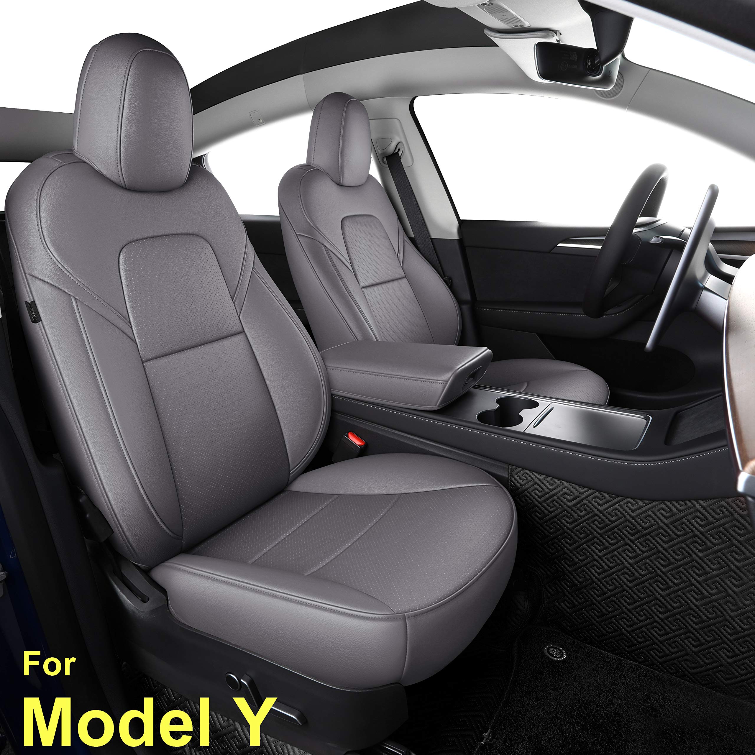 Premium Tesla Model Y Seat Covers (2020-2024) - Custom Fit 5-Seater Synthetic Leather Car Seat Protectors - Lichi Grey - Waterproof & Anti-Slip Design for Enhanced Comfort & Durability | Perfect for Daily Commute, Road Trips & Family Protection