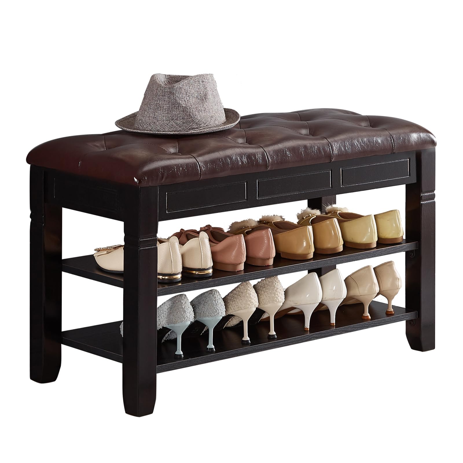 Wooden Shoe Storage Bench with Lift Top & Fiberleather Seat - 2-Tier Entryway Shoe Rack Organizer (31.5x13.8x18.9 Inches, Black) - Perfect for Hallway, Living Room & Mudroom Organization