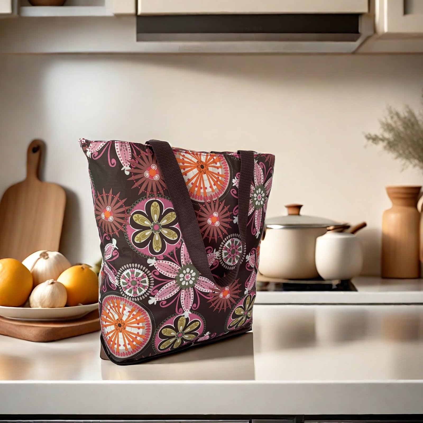 Foldable Waterproof Grocery Tote Bags 2 Pack - Large Reusable Shopping Bags with Zipper Closure, Lightweight & Durable for Daily Use - Floral Design for Groceries, Beach Trips, and Farmers Market Shopping