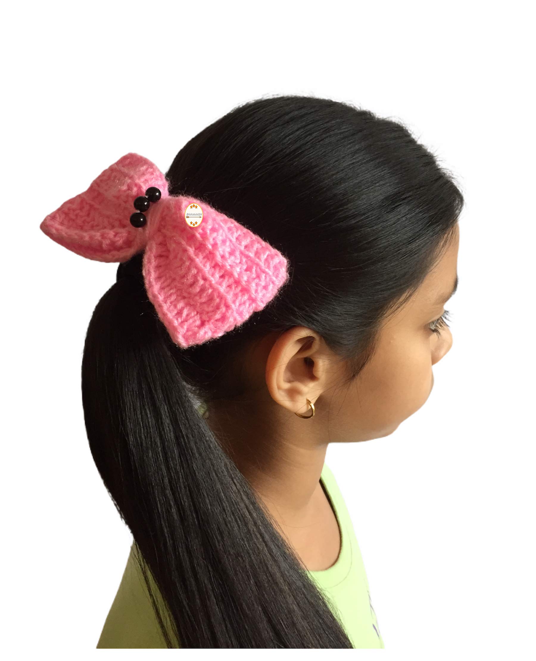 Handmade Crochet Pink Hair Bows for Girls - Stretchy Rubber Band Hair Accessories for School, Parties & Everyday Wear