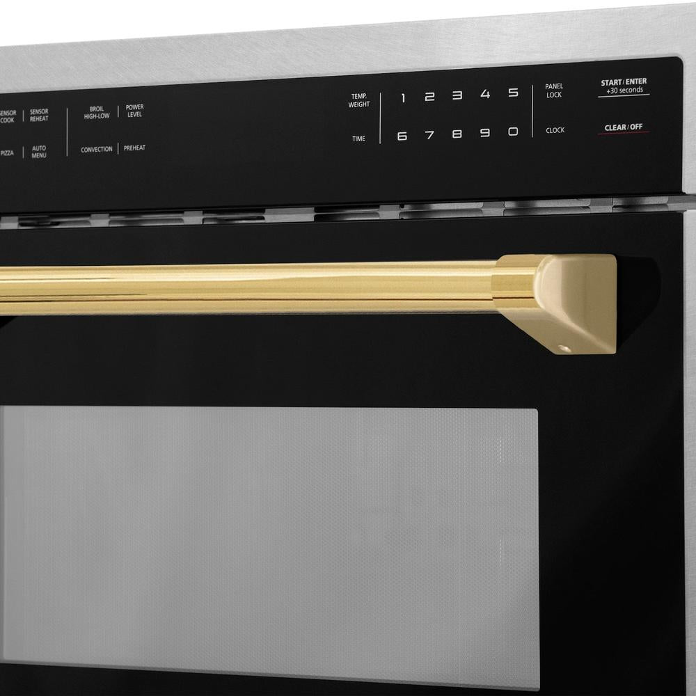 ZLINE Autograph Edition 24 Inch Built-In Convection Microwave Oven - 1.6 cu ft Capacity, Satin Stainless Steel with Polished Gold Accents (MWOZ 24 SS G) - Perfect for Modern Kitchens, Small Spaces & Gourmet Cooking