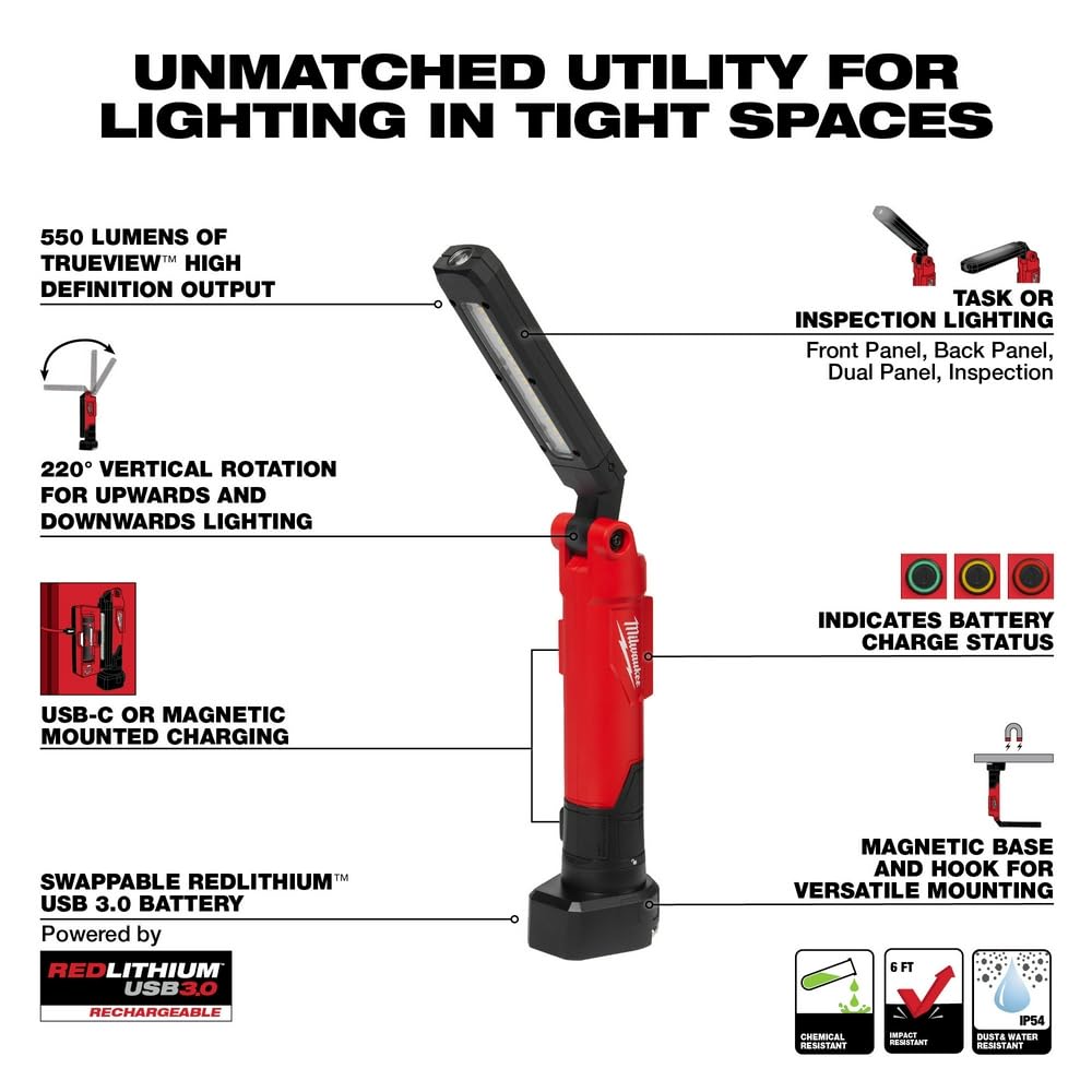 Milwaukee Electric Tool Redlithium USB Stick Light - Compact Portable Work Light for Mechanics, Camping, Emergency, and DIY Projects