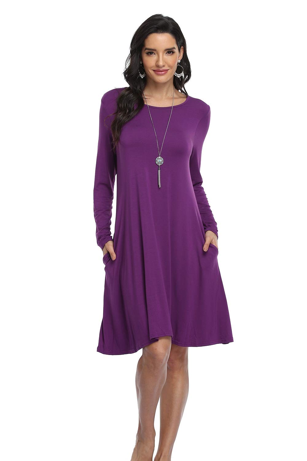 Vintage Women's Casual Long Sleeve T-Shirt Dress - Loose Swing Dress with Pockets | Comfortable & Stylish for Everyday Wear, Date Nights & Travel