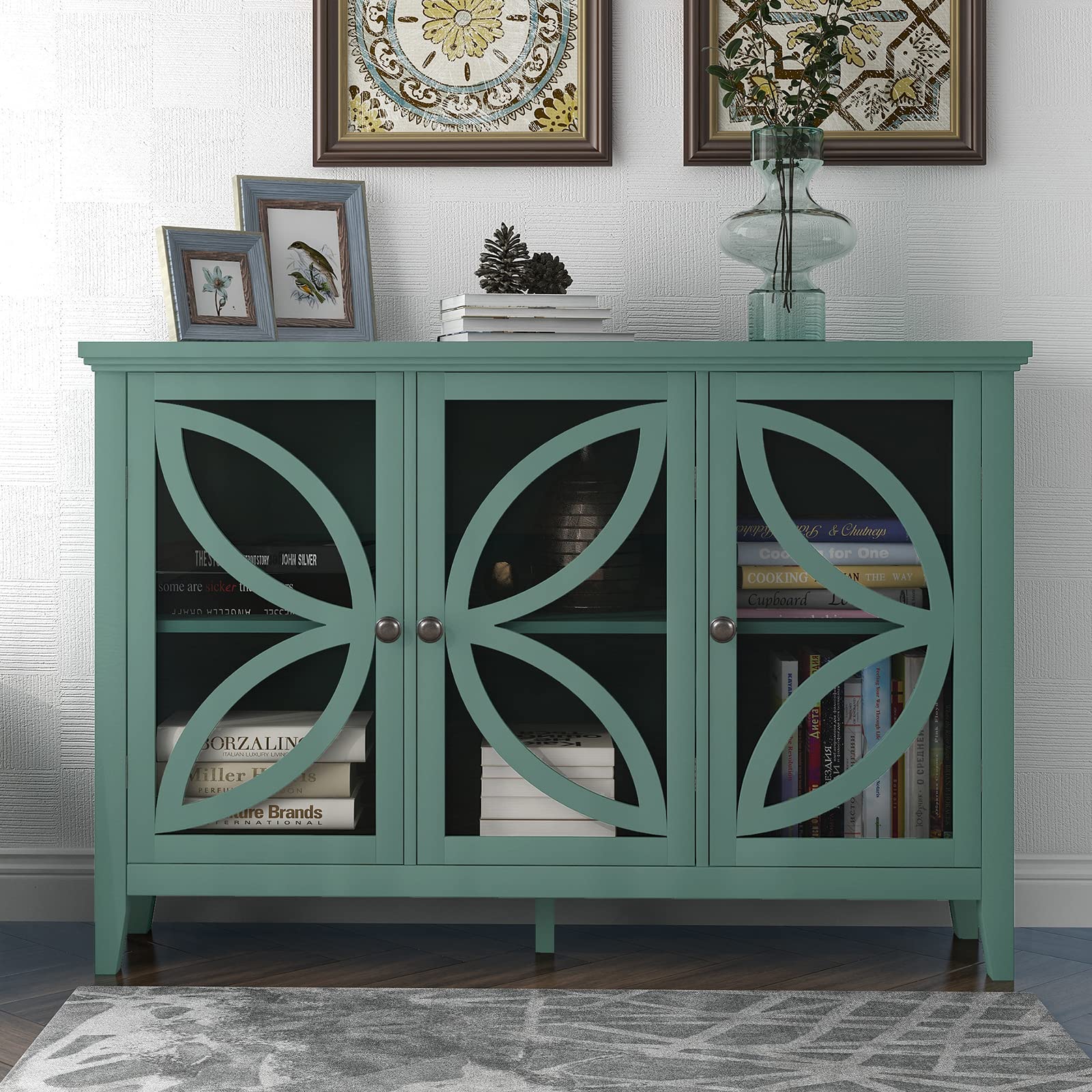Solid Wood Accent Storage Cabinet - Kitchen Buffet Sideboard with Adjustable Shelves & Glass Wood Door - Large Entryway, Living Room, Bedroom Storage Furniture - Easy Assembly Green Cabinet for Home Organization & Decor