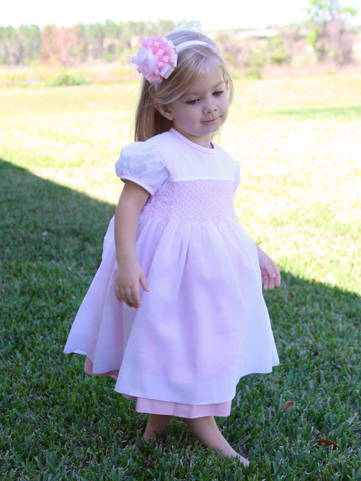 Elegant White and Pink Girls Easter Dress - Hand Smocked Short Sleeve Party Dress for Spring, Easter Sunday, Photoshoot & Special Occasions