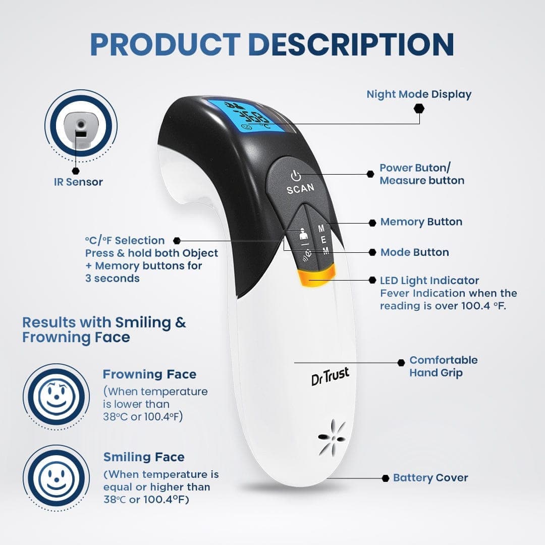 Dr Trust USA IR Non-Contact Infrared Thermometer 611 - Fast, Accurate Digital Forehead Thermometer for Adults, Kids & Babies - Perfect for Home, Hospital & Travel Use
