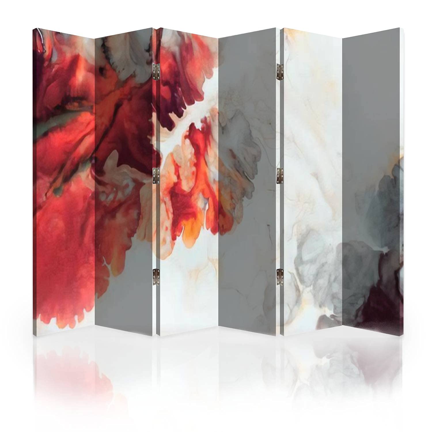 Abstract Red Flower Canvas Room Divider Screen - 6 Panel Folding Privacy Partition with Acrylic Paints Design for Living Room, Bedroom & Office Decor | Modern Macro Cells Pattern Room Separator Wall Divider