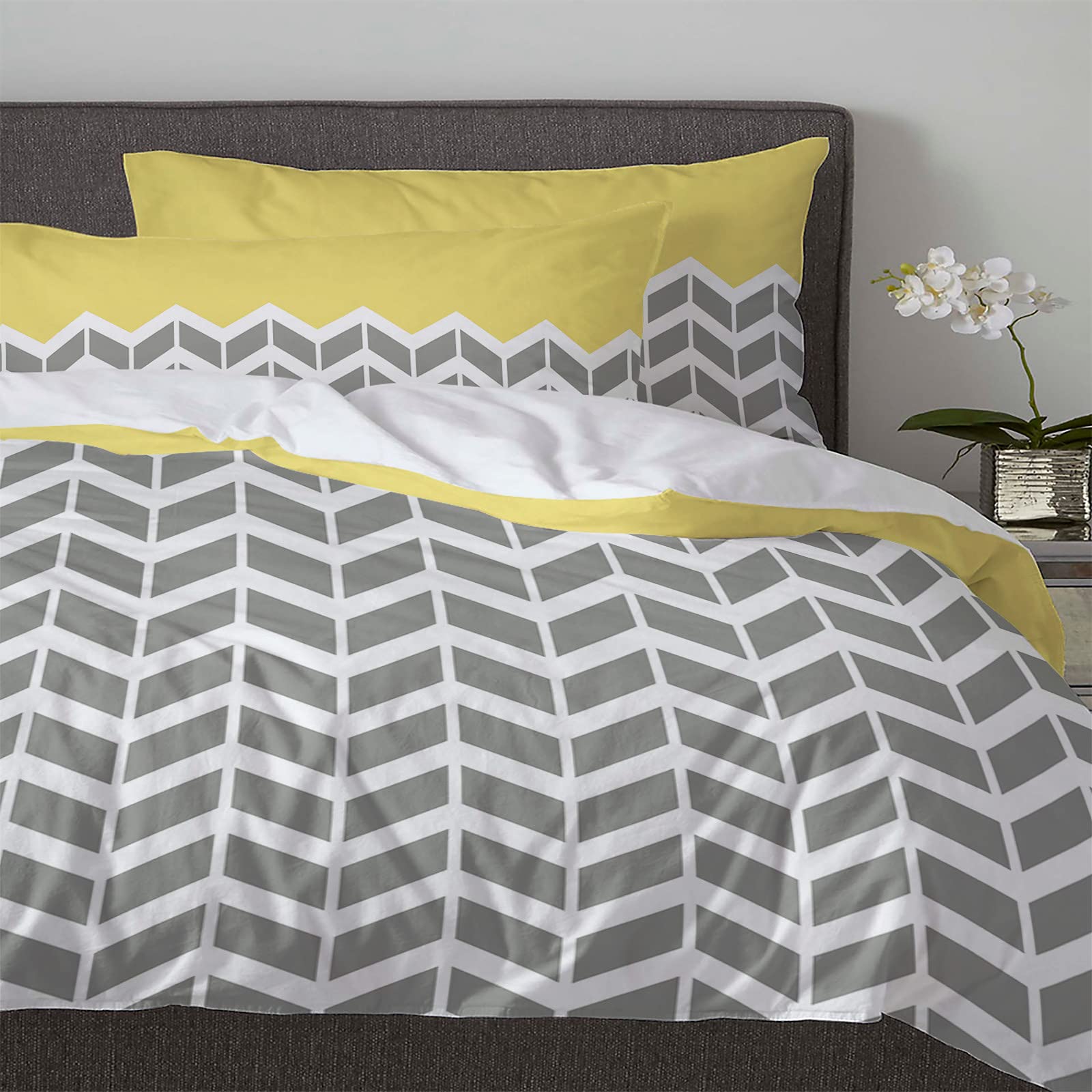 3-Piece Mid-Century Modern Geometric Duvet Cover Set - Yellow & Gray Pattern, Soft & Breathable Bedding for Kids & Adults, Includes Comforter Cover & 2 Pillow Shams - Perfect for Modern Bedrooms, Guest Rooms & Dorm Decor