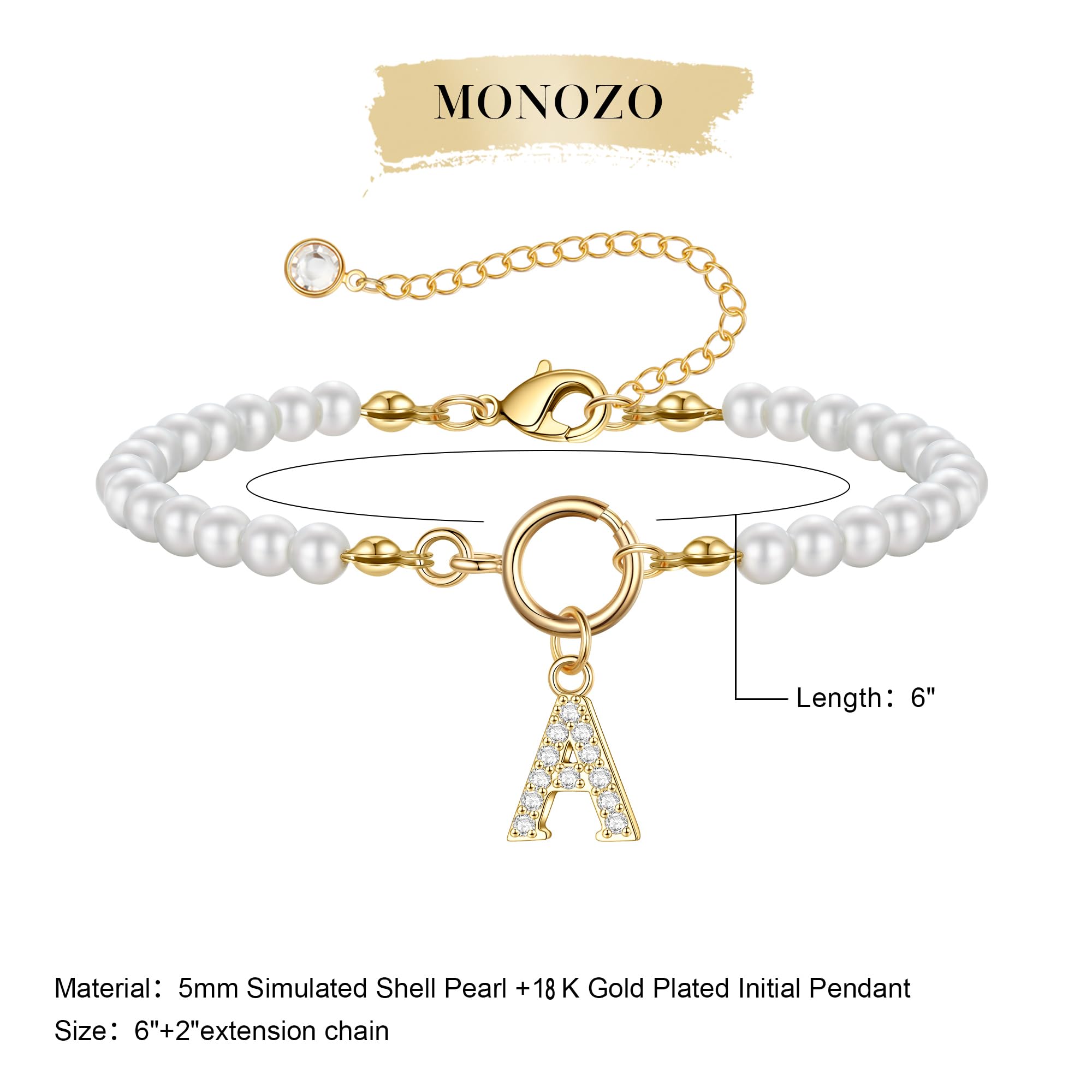 MONOZO Personalized Initial Pearl Bracelet for Women & Girls - Dainty Gold Letter Charm Jewelry, Elegant Bridesmaid Gift, Wedding Party Favors, Christmas Present | Perfect for Birthdays, Anniversaries & Special Occasions