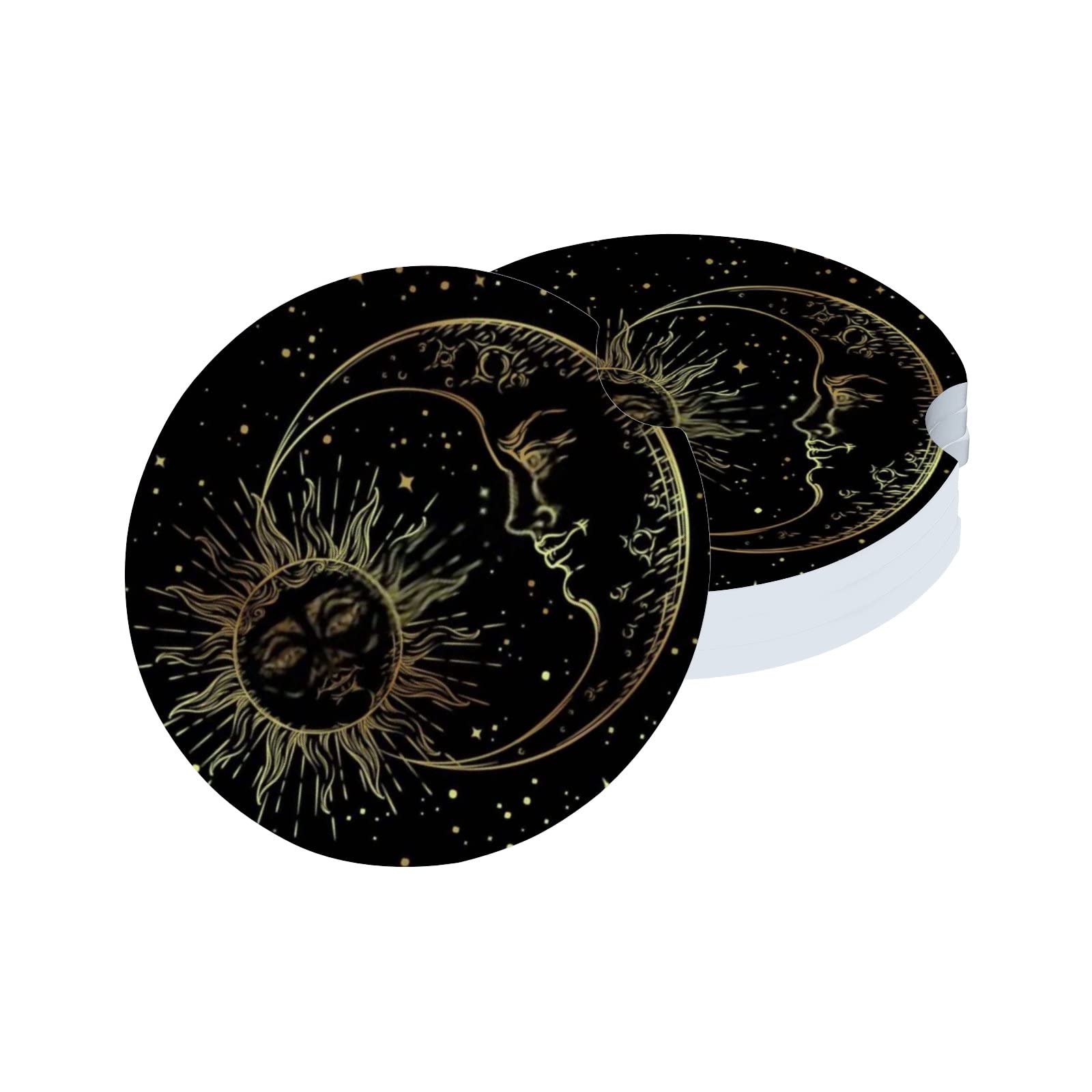 6-Pack Absorbent Ceramic Car Coasters - Golden Sun, Crescent Moon & Stars Boho Design | Non-Slip Drink Coasters for Cup Holders | Perfect Car Accessories Gift for Men & Women | Ideal for Road Trips, Commuting & Daily Driving