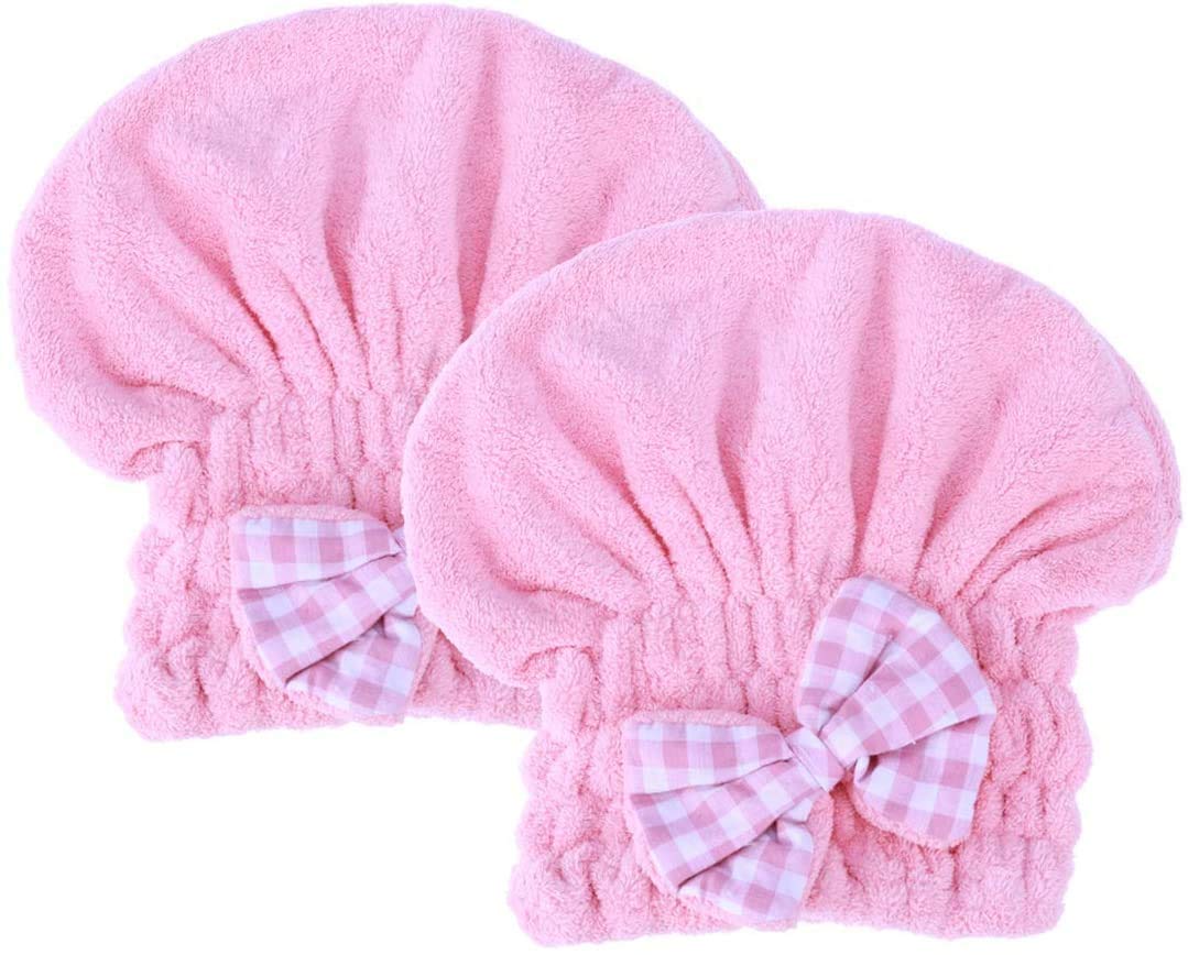 HEOBRO 2-Pack Microfiber Hair Towel Wrap with Bow - Super Absorbent Quick Dry Hair Turban for Women - Perfect for Curly, Long & Wet Hair After Shower, Swimming or Spa (Pink)