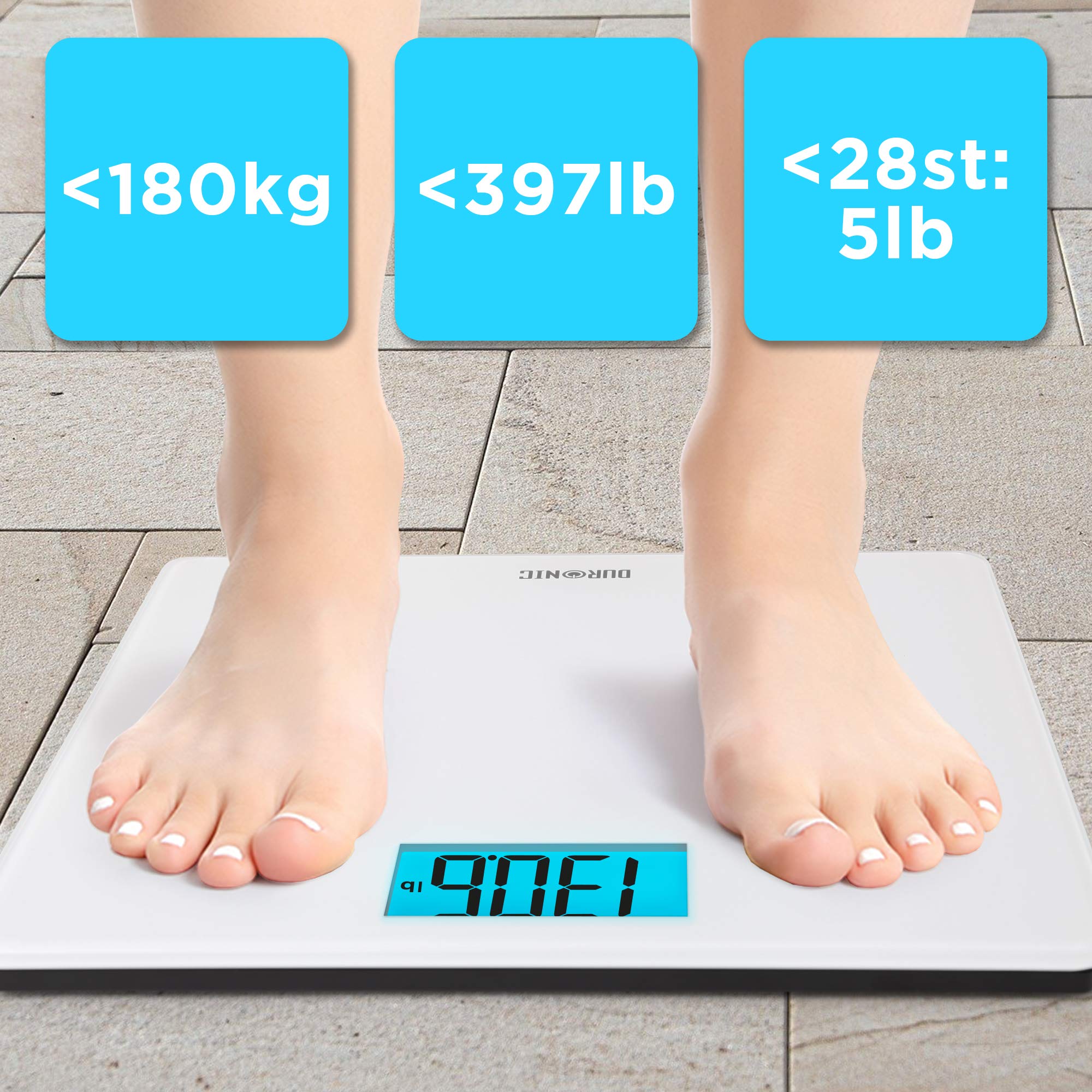 Duronic BS403 Digital Bathroom Scale - High Precision 180kg Capacity Body Weight Scale with LED Display & Accurate Sensors for Weight Loss Tracking, Fitness & Health Monitoring - Perfect for Home Gym, Bathroom & Health Enthusiasts