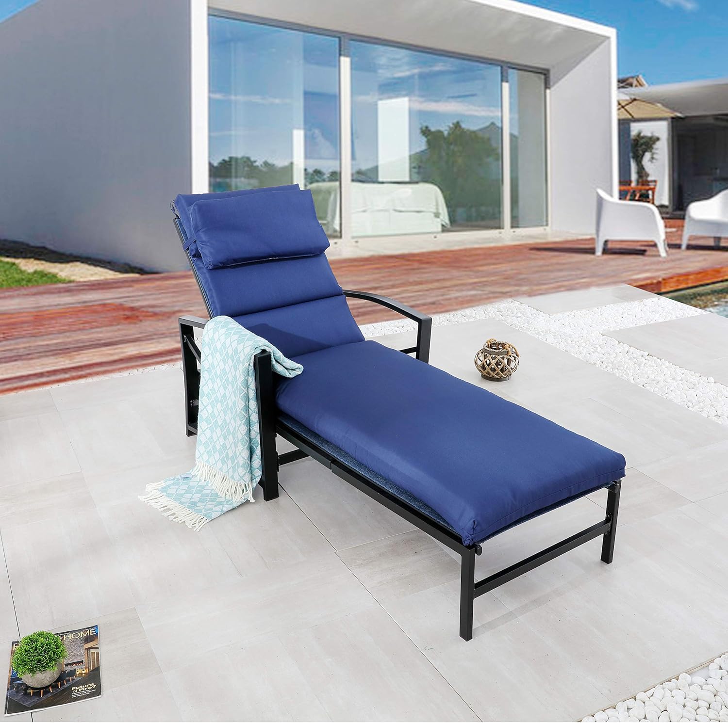 LOKATSE HOME Outdoor Adjustable Chaise Lounge Chair - Steel Patio Furniture with Removable Cushion, Weather-Resistant & Durable - Perfect for Poolside, Garden, Backyard Relaxation (Blue)