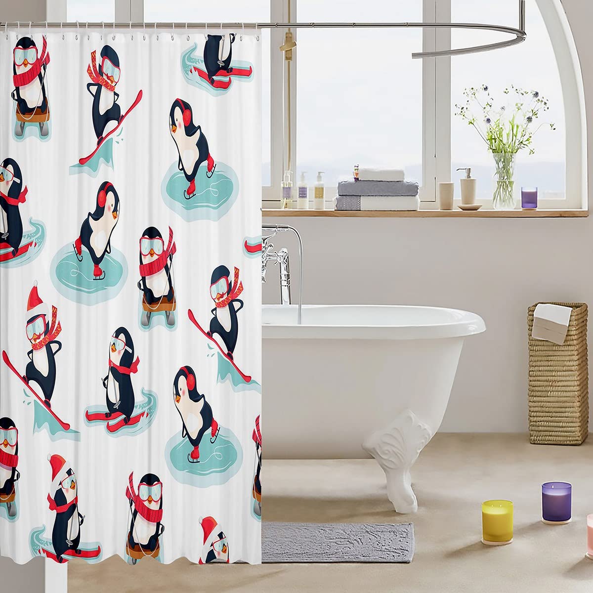 Cute Penguin Bathroom Curtain 72x72 - Surfing Animal Shower Curtain for Kids - Winter Warm Bath Decor for Boys & Girls