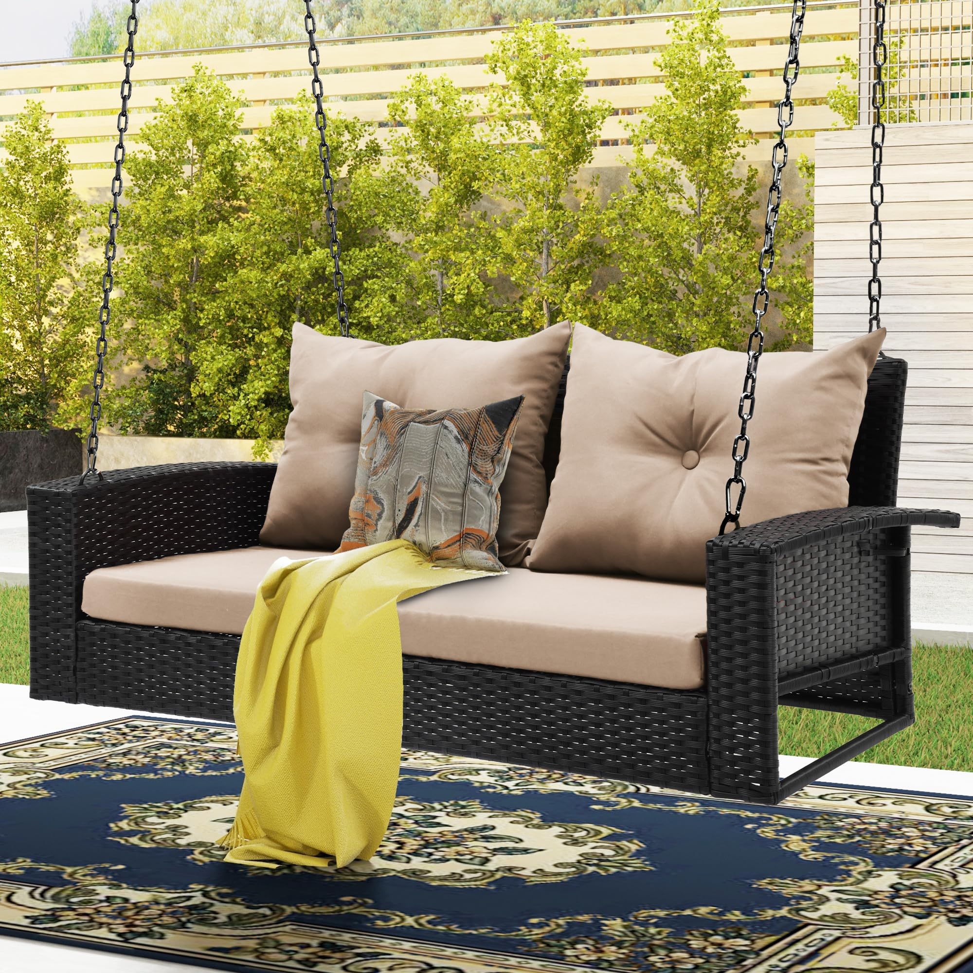 DWVO Brown Rattan Hanging Porch Swing Chair - 530lb Capacity Outdoor Patio Swing with 2 Cushions for Garden, Balcony, Backyard - Perfect for Relaxing, Lounging & Reading in Your Outdoor Space