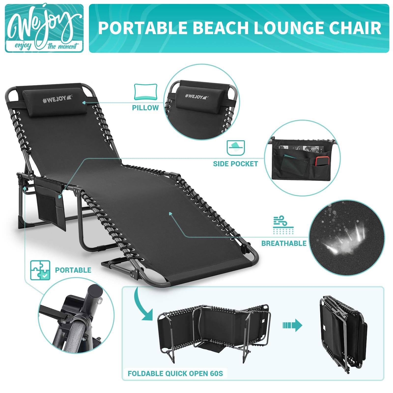 Premium WEJOY Outdoor Folding Chaise Lounge Chairs - 2 Pack Adjustable 5-Position Recliners for Patio, Beach, Pool & Camping - Heavy Duty Sunbathing Chairs with Shoulder Strap & Pillow - Perfect for Backyard Relaxation, Vacation & Outdoor Adventures