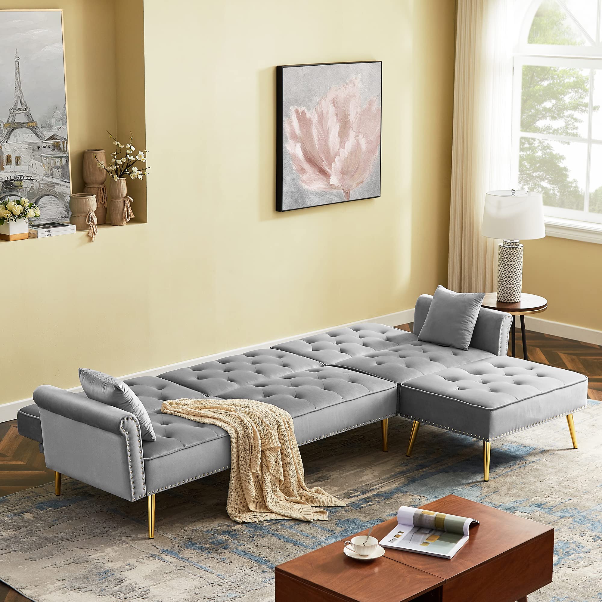 L-Shaped Corner Tufted Velvet Sectional Sofa Bed with Reversible Chaise & Ottoman - Convertible Sleeper Couch for Living Room, Apartment, Home Office - Modern Comfortable Furniture for Relaxing, Entertaining & Small Space Living