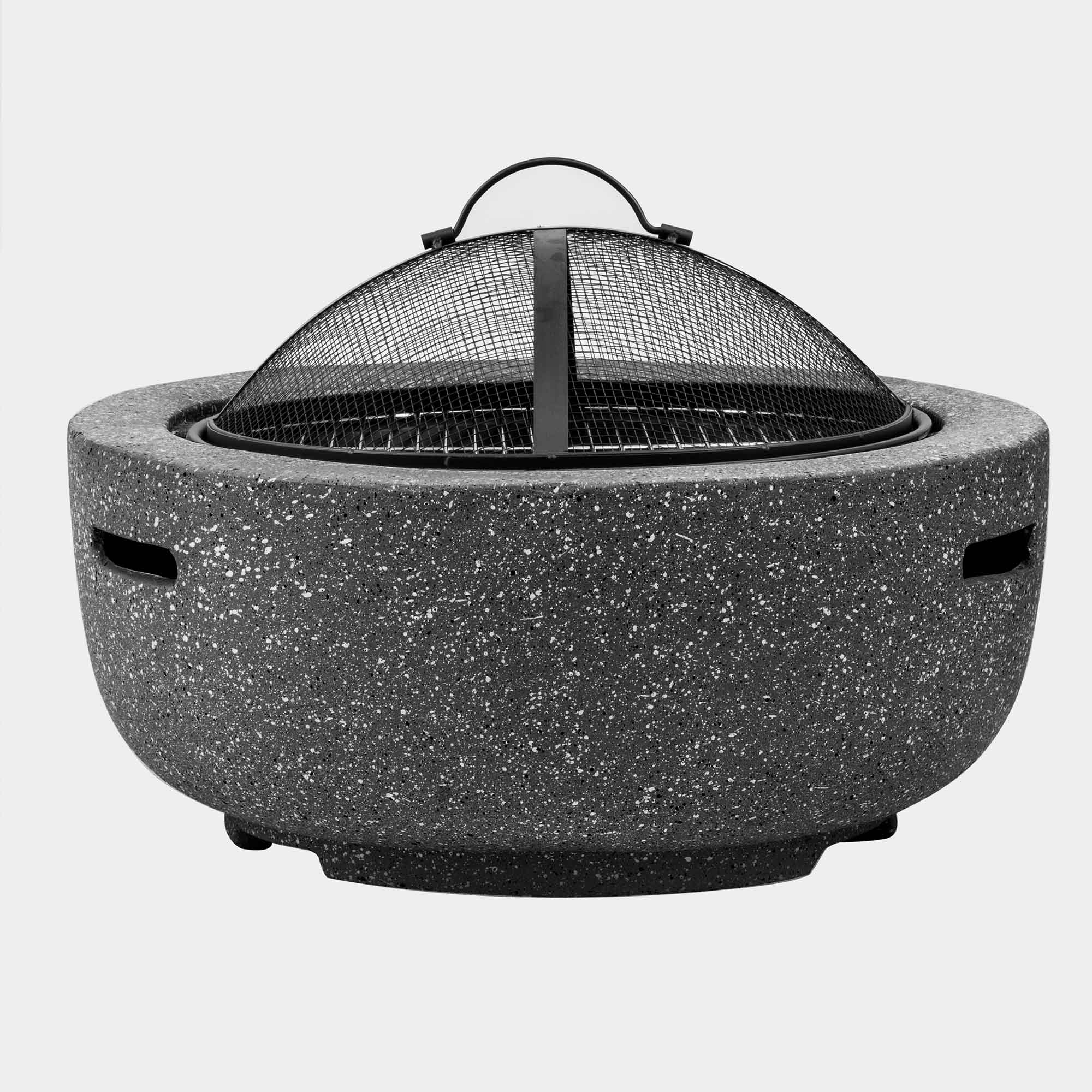 Dark Grey Round MgO Fire Pit with BBQ Grill - 60cm Diameter, Safety Mesh Screen - Perfect for Backyard Camping, Patio Gatherings & Outdoor Cooking