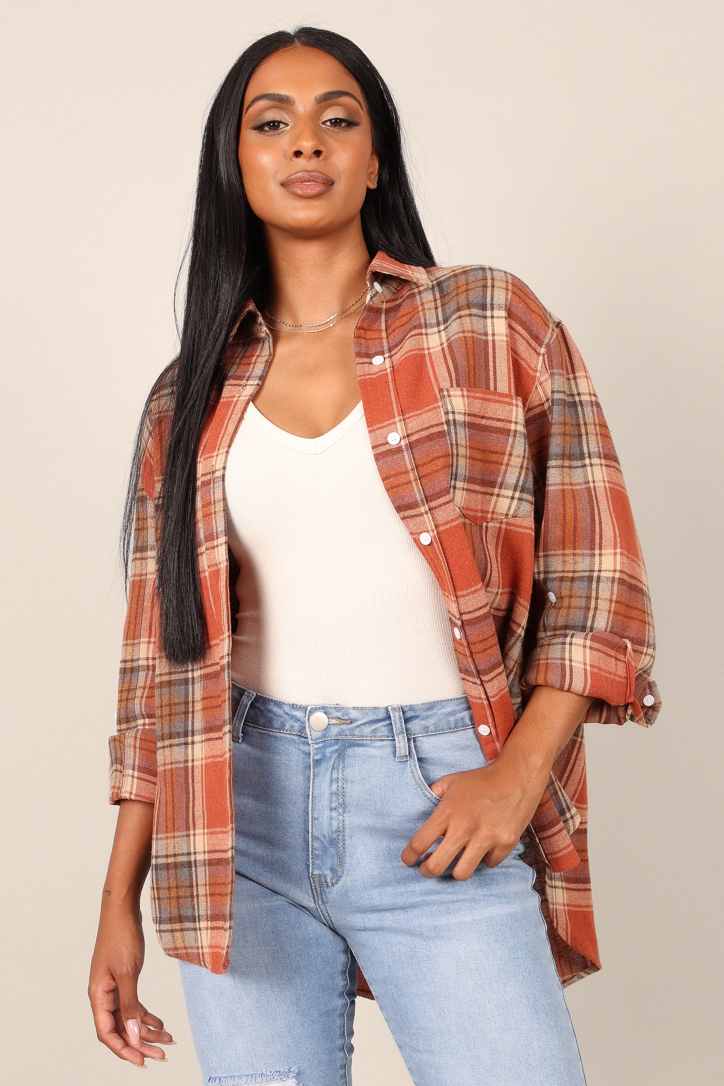 Alexa Plaid Button Down Shirt for Women - Classic Brick Red Flannel Shirt | Casual Office Wear, Fall Layering & Outdoor Activities