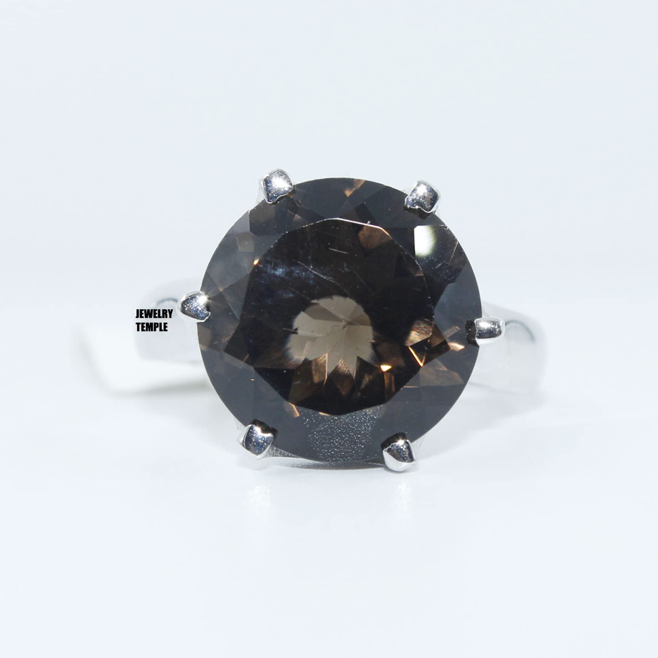 925 Silver Solitaire Ring with Smoky Quartz Band - 15mm Gemstone Jewelry for Women, Engagement, Wedding, Anniversary Gift