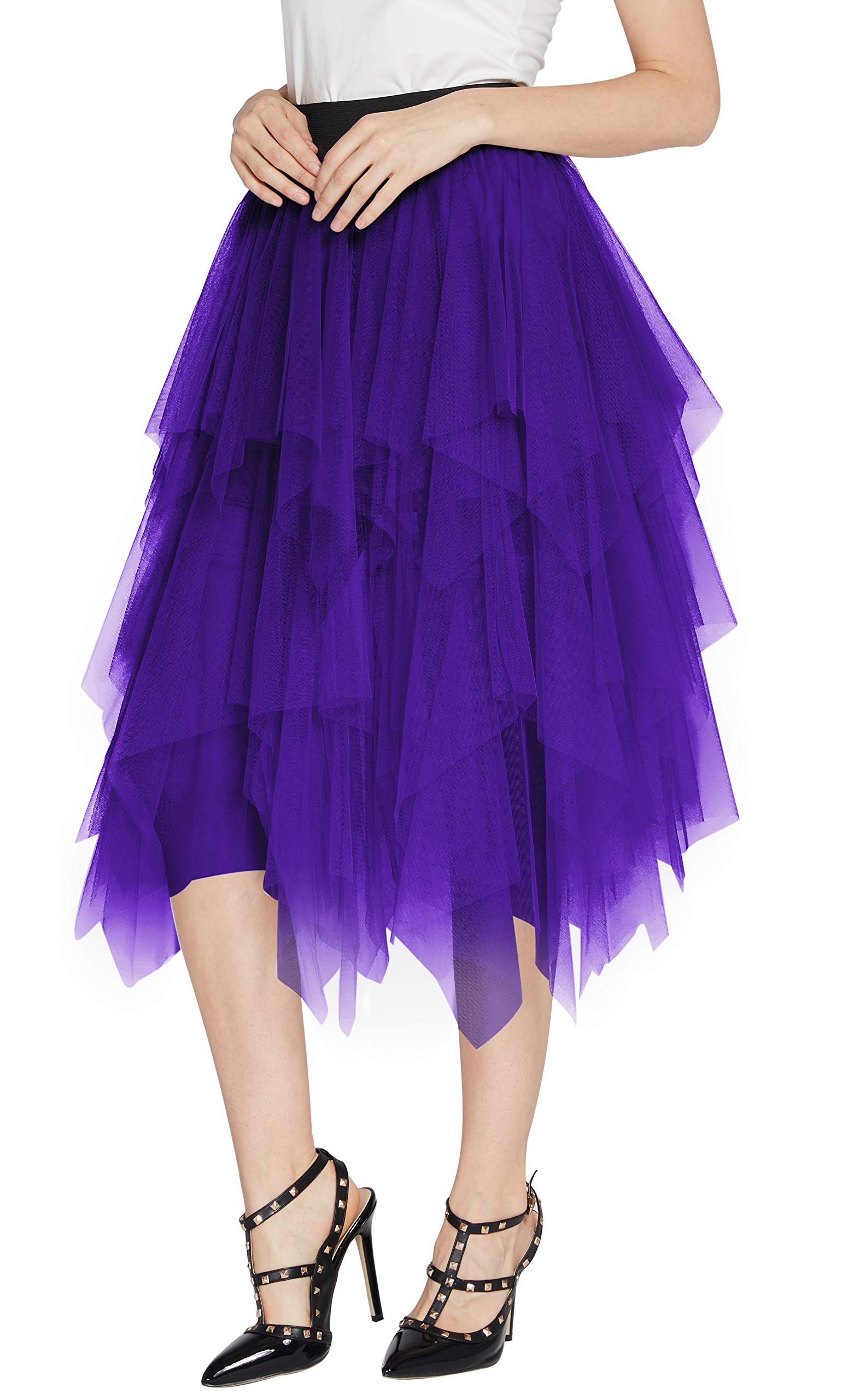 Elegant Women's Mesh Layered Tulle Skirt - Sheer Tutu Midi Skirt for Party & Wedding (Deep Purple, Size L) | Perfect for Dances, Bridesmaids & Special Occasions
