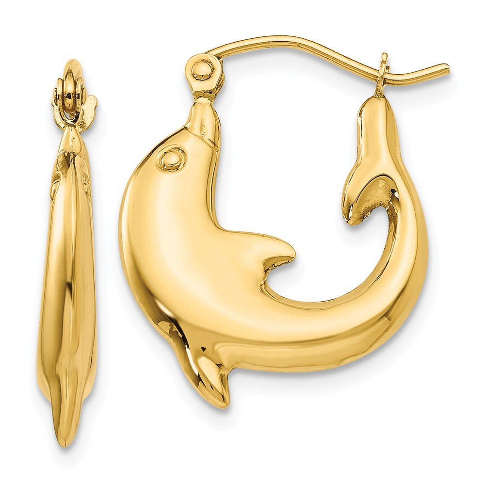 14K Yellow Gold Polished Dolphin Hoop Earrings - 10mm x 3mm Dainty Marine Jewelry for Women, Perfect for Beach Vacations & Summer Outfits