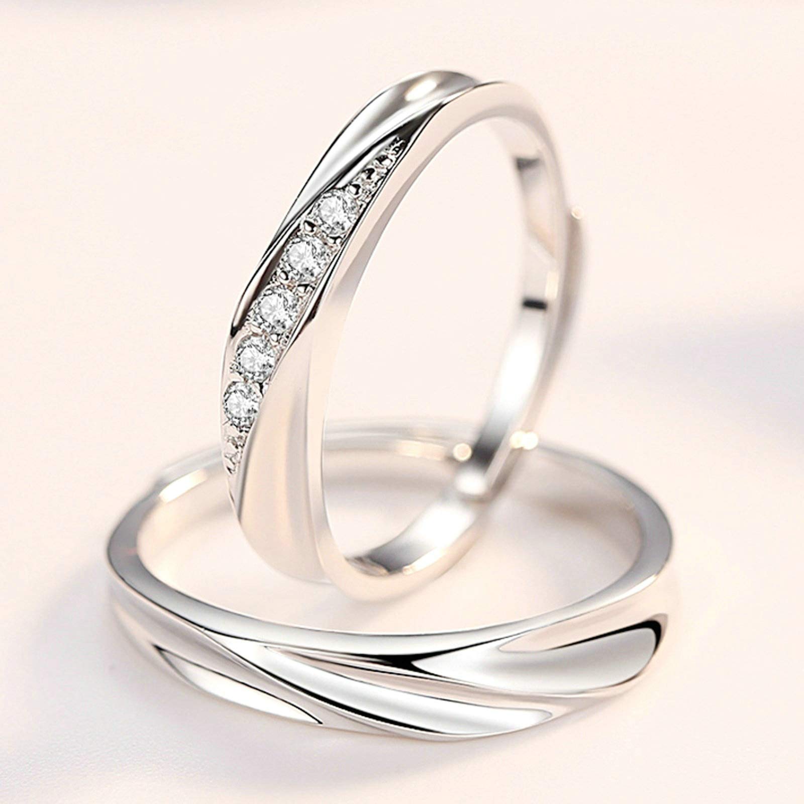 Beydodo Sterling Silver Matching Couple Rings Set with Cubic Zirconia - Adjustable Wedding Bands for Him & Her - Perfect for Anniversaries, Engagements and Romantic Gifts