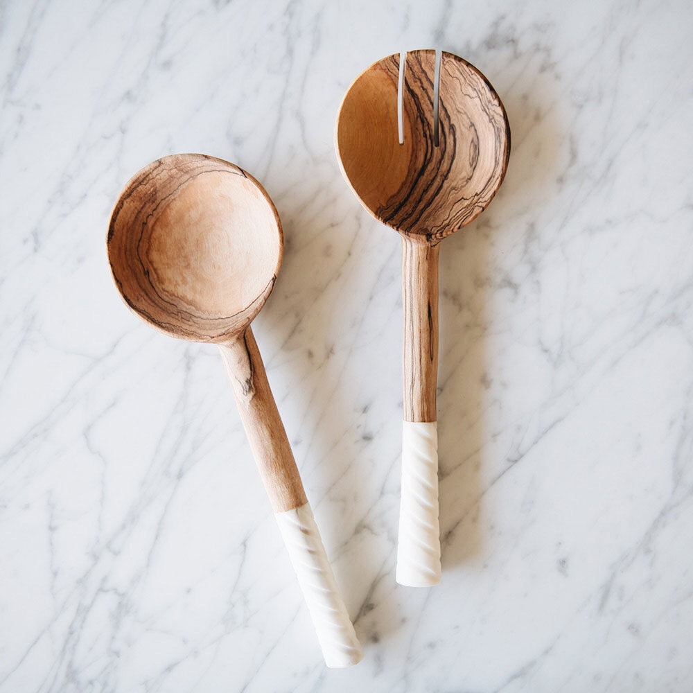 Premium Spiral Handle Olive Wood Salad Servers Set - Eco-Friendly Kitchen Utensils for Tossing, Serving & Entertaining - Perfect for Dinner Parties, BBQs & Healthy Eating