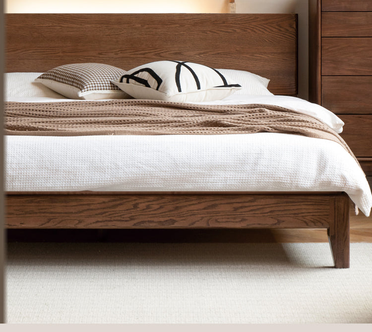 Solid Oak Wood Modern Bed Frame with LED Night Lights in Walnut Finish - Perfect for Bedroom Decor and Cozy Nighttime Ambiance